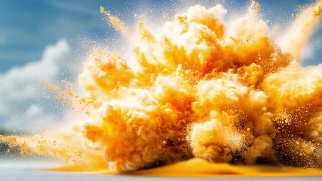 Explosive Burst of Energy: A vibrant explosion erupts, a captivating display of power and force against a clear sky, the image radiates dynamic energy and impact.
