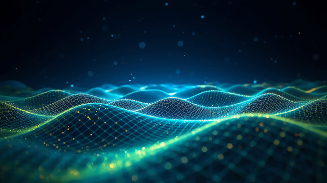 Abstract futuristic landscape with grid pattern waves and glowing particles for technology concepts and data visualization - Powered by Adobe