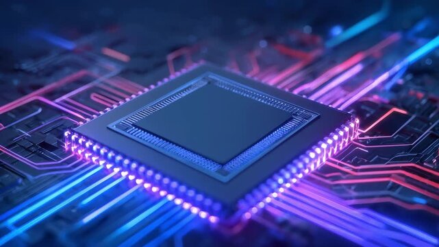 Futuristic CPU processor on circuit board with glowing neon blue and pink data flow lights
