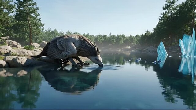 Mythical winged creature stands on a rocky shore by a crystal forest lake