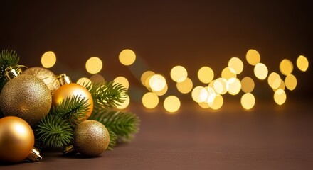 Fototapeta premium Shimmering golden ornaments and evergreen foliage create a warm and inviting atmosphere, enhanced by a bokeh of lights. 
