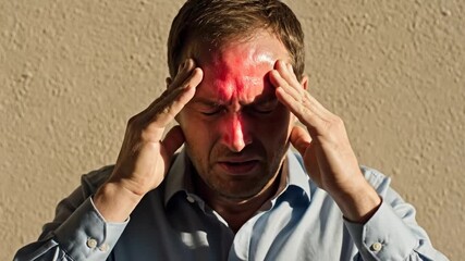 Man Experiencing Sudden Headache and Stress While Holding Head in Front of