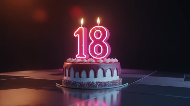 A vibrant 18th birthday cake with glowing candles stands on a reflective surface. - Powered by Adobe