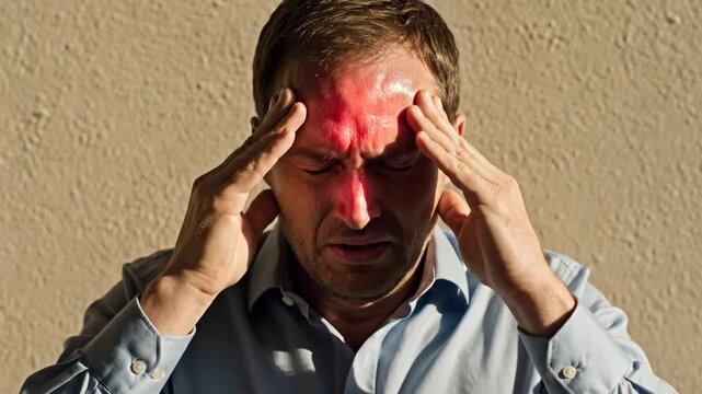 Man Experiencing Sudden Headache and Stress While Holding Head in Front of