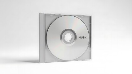 Close-up of a gleaming silver compact disc labeled 'MUSIC' peeking out from its transparent plastic jewel case, presented on a pristine white background, showcasing retro audio technology
