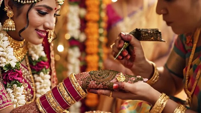 Bride Receiving Mehndi Tattoo for Indian Wedding Rituals, Henna Ceremony, Auspicious Occasions, Wedding Cards, Cultural Festivals, and Indian Wedding Videos footage