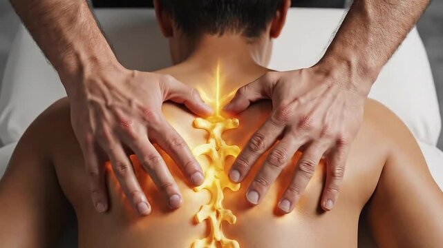 Therapist performs deep tissue massage on a man's back focusing on spinal alignment with warm glowing effect highlighting the vertebrae and muscles