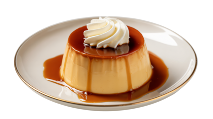 Delicious caramel custard dessert with whipped cream ready to enjoy