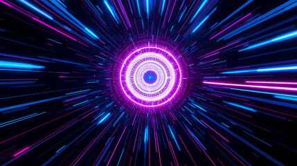 Futuristic Abstract Neon Light Speed Travel with Purple and Blue Streaks in Hyperspace Tunnel