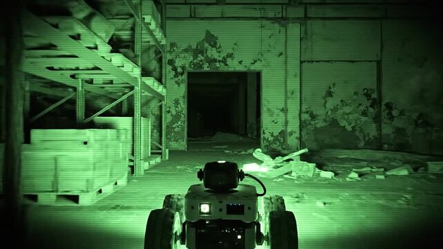 Night vision engages on the small wheeled robot in the dark.