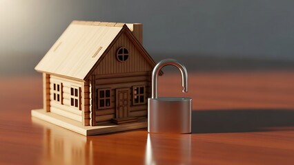 House Security - Wooden Model Home with Padlock on Glossy Surface.