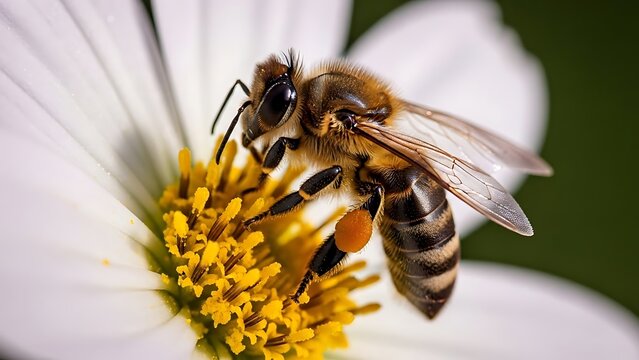 Honeybee collecting pollen on a white flower. - Powered by Adobe
