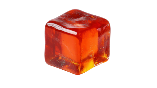 Amber colored glossy cubic jelly candy on transparent background inviting sweet delicious taste