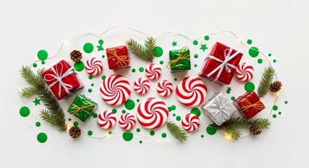 Obraz premium A festive arrangement of gifts, candy canes, and decorations evokes the spirit of Christmas. Capture the essence of the festive season with a delightful display of holiday cheer.