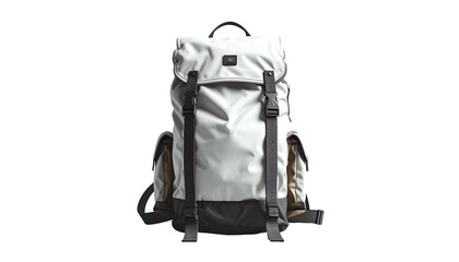 Naklejka premium Modern backpack with roll-top closure, gray and black body, and side pockets