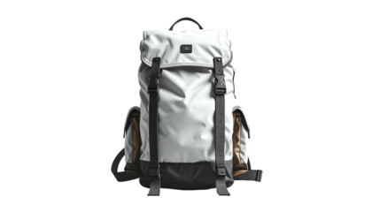 Modern backpack with roll-top closure, gray and black body, and side pockets