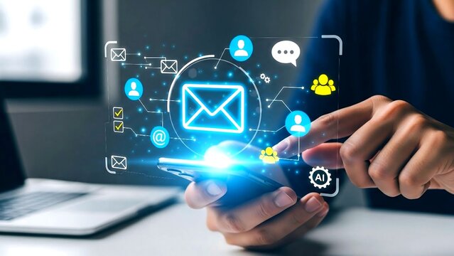 Seamless Digital Communication: Hand Holding Smartphone with Virtual Email Interface and Network Icons