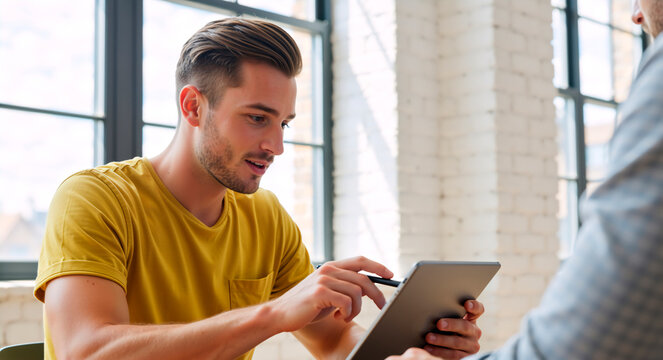 A young man in a bright T-shirt actively uses a tablet in a modern, bright office with large windows, discussing ideas with a colleague.