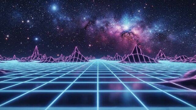 Abstract futuristic landscape with retro 3 d grid and cosmic starry sky digital art