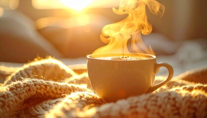 Extreme close-up of a hot Americano cup with thick rising steam, placed on a cozy knitted texture background with golden hour backlight, representing winter comfort and relaxation