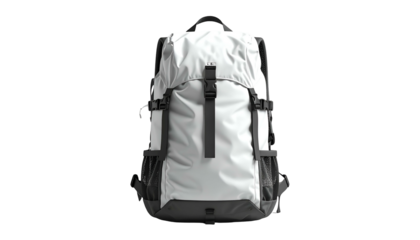 White and black weatherproof backpack, isolated on black background, showcasing design and details