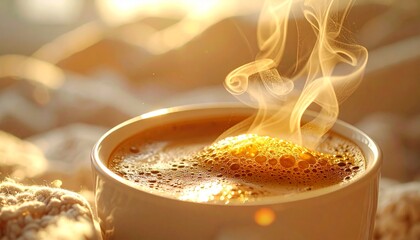 Extreme close-up of a hot Americano cup with thick rising steam, placed on a cozy knitted texture background with golden hour backlight, representing winter comfort and relaxation