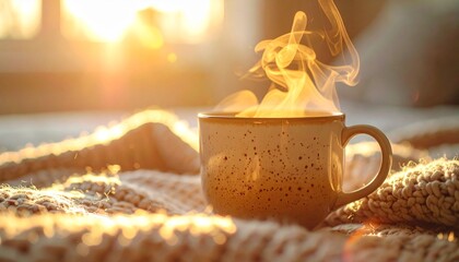 Extreme close-up of a hot Americano cup with thick rising steam, placed on a cozy knitted texture background with golden hour backlight, representing winter comfort and relaxation