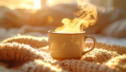 Extreme close-up of a hot Americano cup with thick rising steam, placed on a cozy knitted texture background with golden hour backlight, representing winter comfort and relaxation