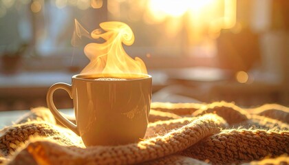 Extreme close-up of a hot Americano cup with thick rising steam, placed on a cozy knitted texture background with golden hour backlight, representing winter comfort and relaxation