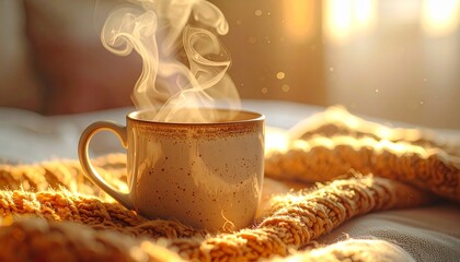 Extreme close-up of a hot Americano cup with thick rising steam, placed on a cozy knitted texture background with golden hour backlight, representing winter comfort and relaxation