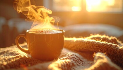 Extreme close-up of a hot Americano cup with thick rising steam, placed on a cozy knitted texture background with golden hour backlight, representing winter comfort and relaxation