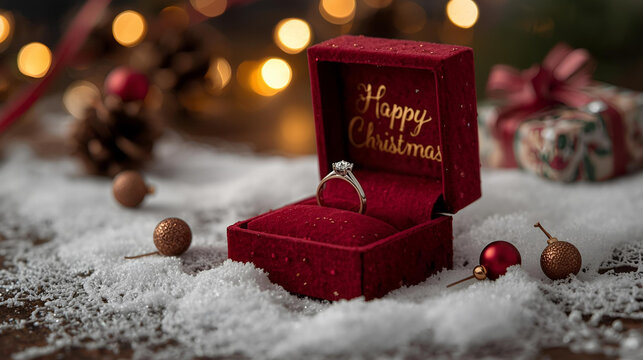 Merry Christmas Red velvet proposal engagement ring box in the snow ai