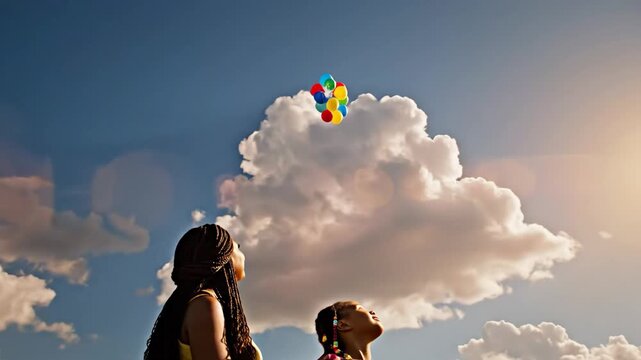 African American Mother and Daughter Releasing Colorful Balloons into the Sky. - Powered by Adobe