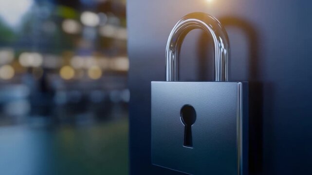 Security Lock: A gleaming metal lock symbolizes safety and privacy, standing strong against a blurred backdrop of an office environment, evoking a sense of assurance and protection.