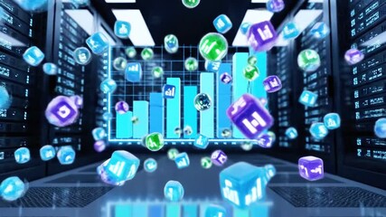 Server room with data cubes exploding, amidst data racks. Visualization of digital information - Powered by Adobe