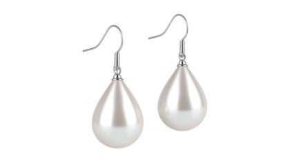 A pair of elegant drop earrings featuring pearly white, teardrop-shaped pendants