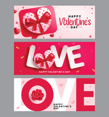 Valentine's day greeting card clipart banner set. Love typography text with flowers and heart shape gift box decoration clip art elements for hearts day invitation card poster collection vector 
