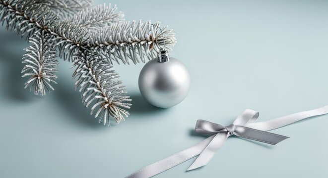 A minimalist Christmas composition with a single silver ornament hanging gracefully on a delicate, frosted fir branch, accompanied by a subtle ribbon bow, evokes feelings of warmth and holiday cheer. - Powered by Adobe