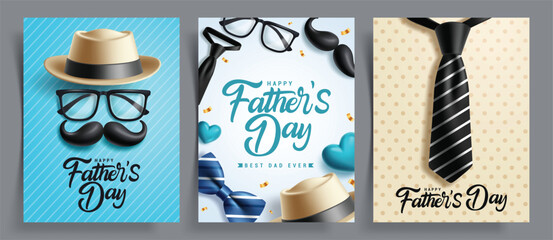 Happy Father's day greeting card clipart poster set. Father's day greeting text clip art collection with hat, sun glasses, neck tie and mustache for men's celebration template vector illustration.
