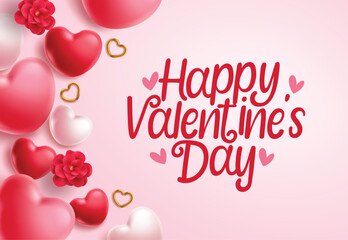 Happy Valentine's day greeting card clipart template. Happy Valentine's day typography and text clip art with pink heart shape balloons and camellia flowers decoration elements for heart's day 