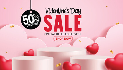 Valentine's day sale podium clipart banner design. Valentine's day sale special offer for lovers clip art with shopping discount promotion advertisement template in pink background vector illustration