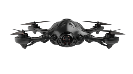 Advanced black quadcopter drone with camera, representing surveillance, technology, and future aerial delivery
