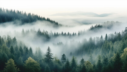 A misty morning mountain landscape features dense fog rolling over a winter forest of pine and fir trees under a cold cloudy sky