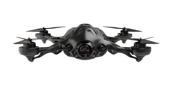 Advanced black quadcopter drone with camera, representing surveillance, technology, and future aerial delivery