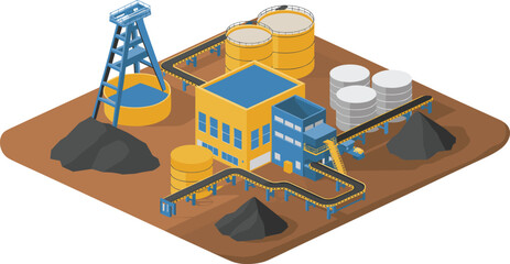 Isometric illustration of mining industry facility with processing plant, storage tanks, conveyor belts, coal piles, industrial equipment and extraction site layout
