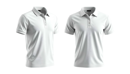 Two identical blank white polo shirts, one with sleeves rolled up, isolated on black