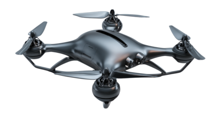 Silver drone flying with four propellers, modern technology, surveillance, delivery, future transport, transparent background