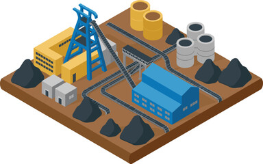 Isometric illustration of mining industry facility with processing plant, storage tanks, conveyor belts, coal piles, industrial equipment and extraction site layout
