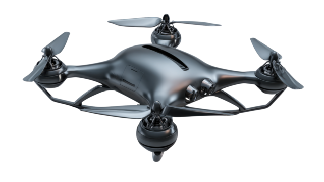 Silver drone flying with four propellers, modern technology, surveillance, delivery, future transport, transparent background