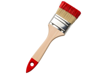 Red tipped paintbrush with wooden handle isolated on transparent background